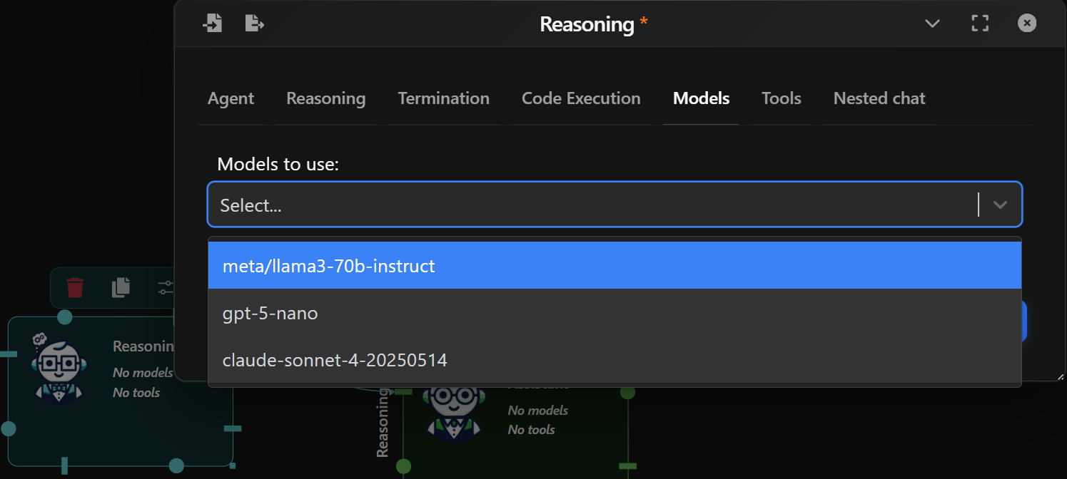 Reasoning Agent - Model setup preview