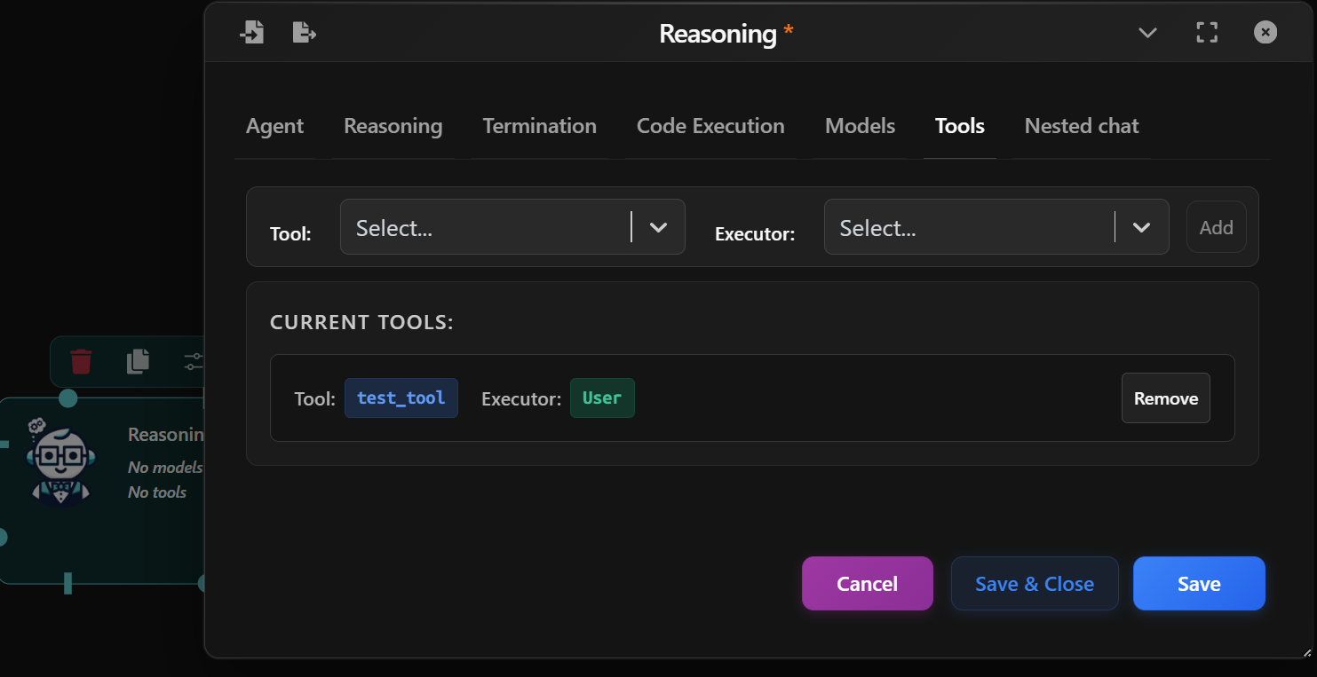 Reasoning Agent - Tool settings preview