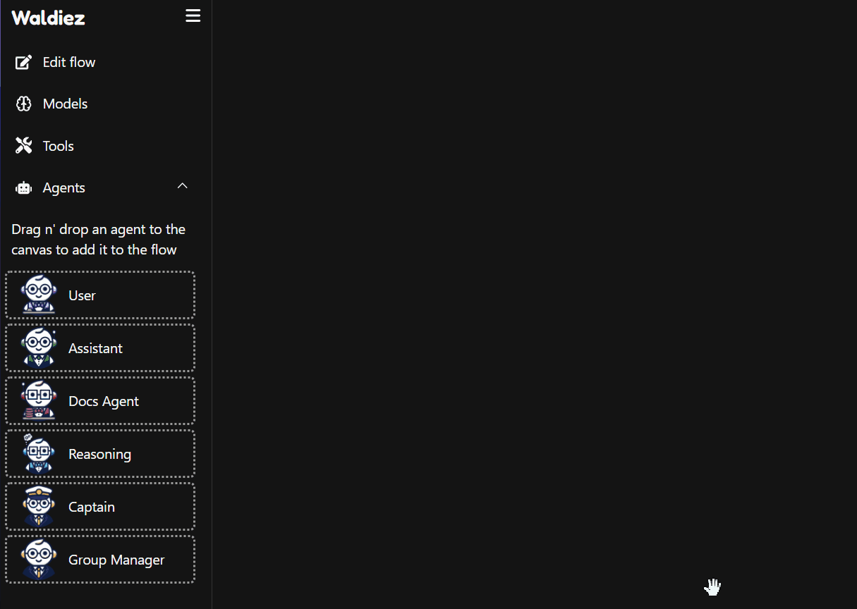 Drag agents onto the canvas