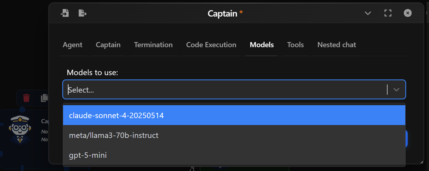 Captain Agent - Model setup preview