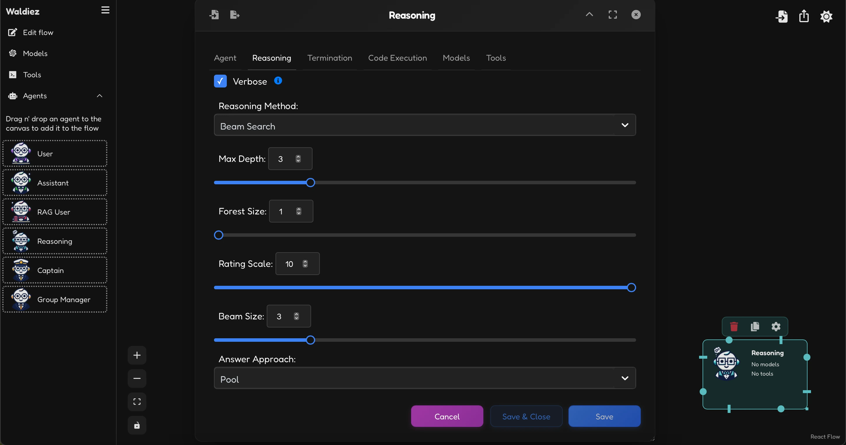 Reasoning agent - Reasoning setup preview